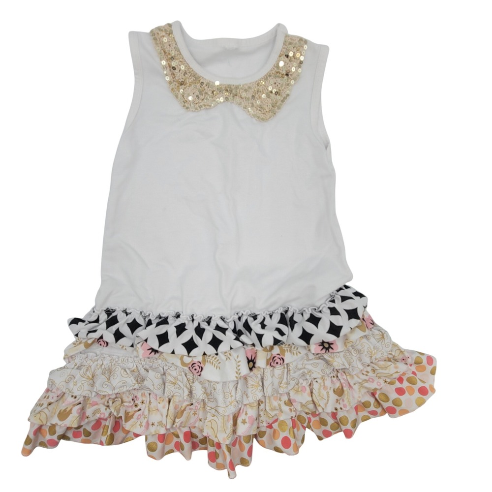 Boutique Shabby Chic Sleeveless Ruffle Tiered Dress Gold Sequin Mixed Print